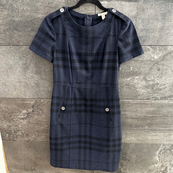 Burberry Brit Wool Blend Navy Nova Check Short Dress Size 8